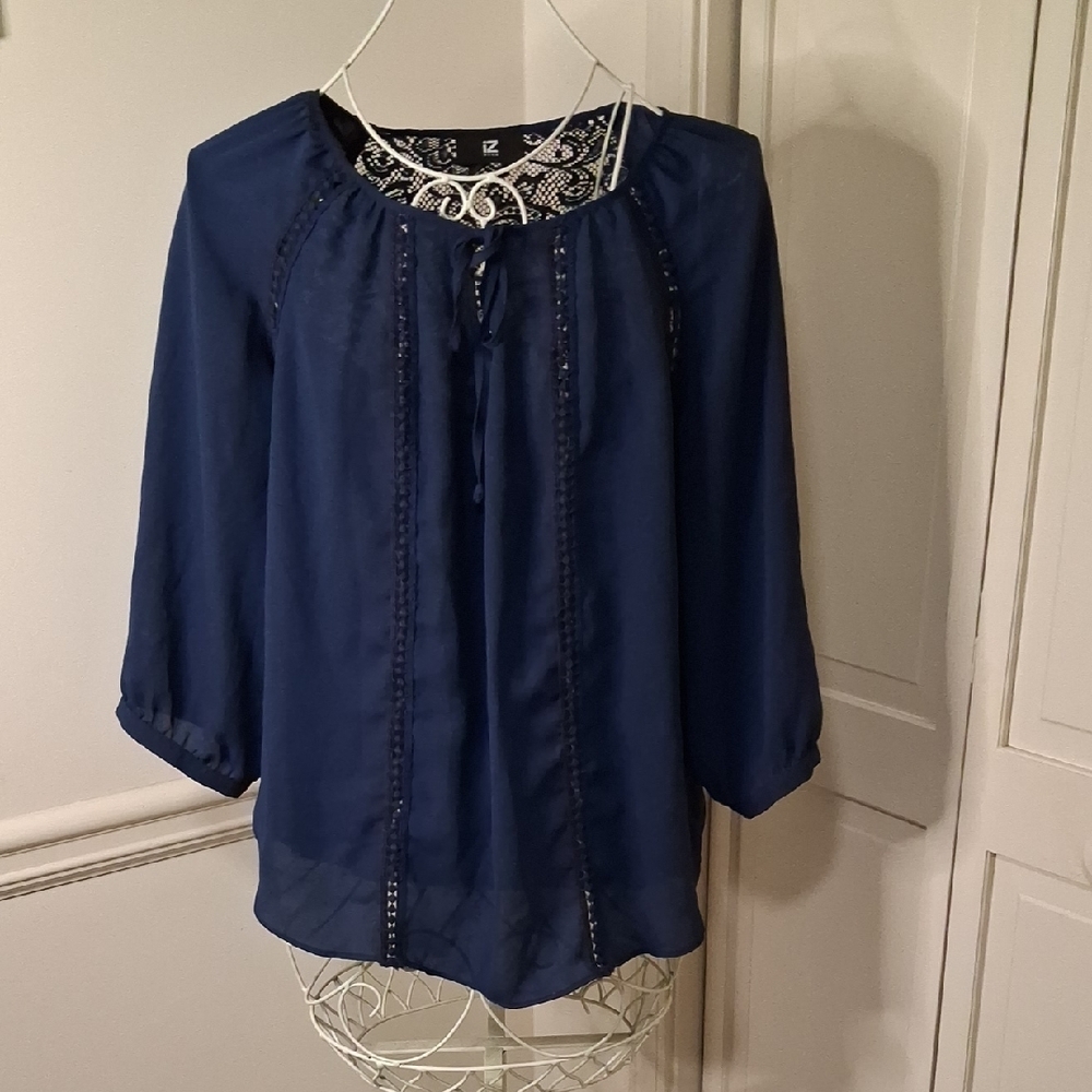 Iz Byer Navy Blue Blouse with Lace Detail